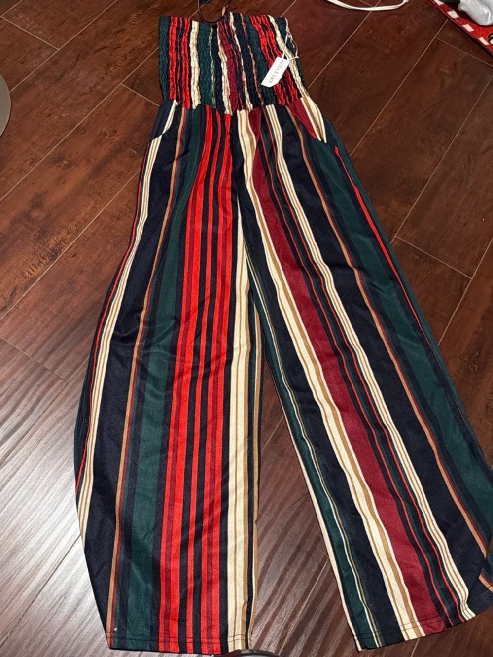 Smocked Strapless Wide-Leg Jumpsuit — Red, Navy & Green Stripe